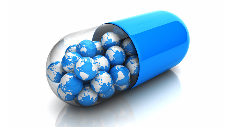 Graphic of pill filled with earths Graphic of pill filled with earths