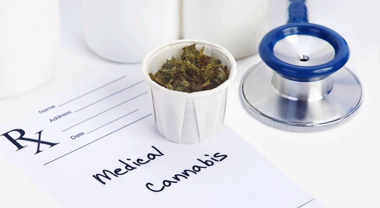 Medical marijuana in paper cup with prescription. Document is fictitious. Medical marijuana in paper cup with prescription. Document is fictitious.