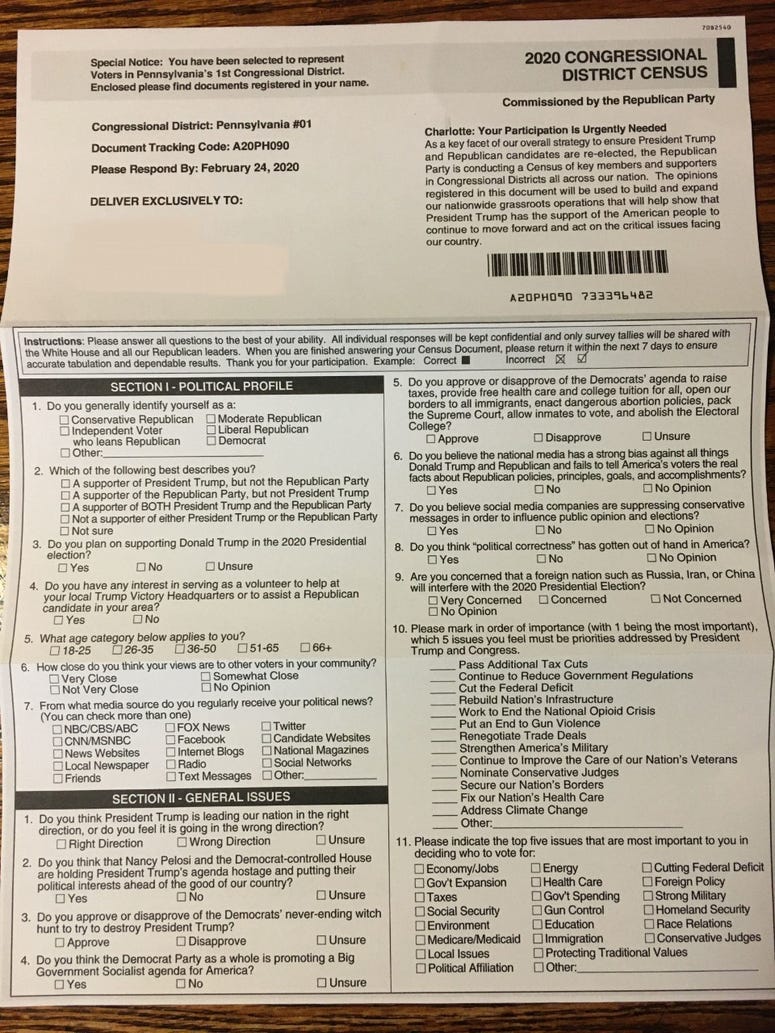 Suburban Philadelphia residents are receiving a mailing from the Republican National Committee that has come under fire nationally because of its resemblance to the U.S. Census form. Suburban Philadelphia residents are receiving a mailing from the Republican National Committee that has come under fire nationally because of its resemblance to the U.S. Census form.