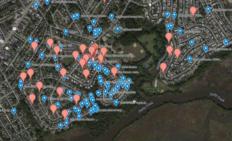 This map shows documented cases of cancer and autoimmune diseases that Delaware County residents believe may be related to an abandoned landfill. Map showing documented cases of cancer and autoimmune diseases