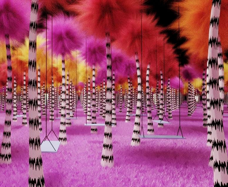 This undated rendering provided by Dr. Seuss Enterprises shows a grove of Truffula trees, from Seuss' book "The Lorax," that will be incorporated as part of a touring immersive attraction tied to the work of the famous late author. Dr. Seuss Experience