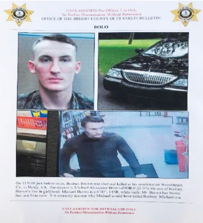 In this undated image released by the Franklin County (Va.) Sheriff's Office, U. S. Marine Michael Alexander Brown is shown. In this undated image released by the Franklin County (Va.) Sheriff's Office, U. S. Marine Michael Alexander Brown is shown.