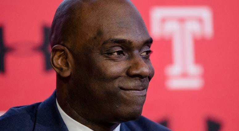 In this April 2, 2019, file photo Temple NCAA college basketball coach Aaron McKie listens to his introduction during a news conference in Philadelphia. Aaron McKie