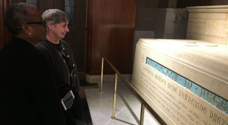 Sister Donna Breslin (front) president of the Sisters of the Blessed Sacrament, examines the newly installed tomb of St. Katharine Drexel in the Cathedral Basilica of Saints Peter and Paul, next to Sister Jane Nesmith, the order's vice president. Sister Donna Breslin (front) president of the Sisters of the Blessed Sacrament, examines the newly installed tomb of St. Katharine Drexel in the Cathedral Basilica of Saints Peter and Paul, next to Sister Jane Nesmith, the order's vice president.
