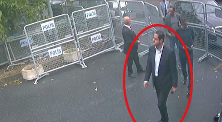 Surveillance footage taken Oct. 2, 2018, shows a man previously seen with Saudi Crown Prince Mohammed bin Salman's entourage walks toward the Saudi Consulate in Istanbul just before writer Jamal Khashoggi disappeared there. Surveillance footage taken Oct. 2, 2018, shows a man previously seen with Saudi Crown Prince Mohammed bin Salman's entourage walks toward the Saudi Consulate in Istanbul just before writer Jamal Khashoggi disappeared there.
