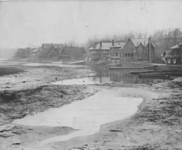 The Schuylkill River was in dire straits in 1934 when dredging was discontinued because of tight budgets. Boathouse Row, 1934