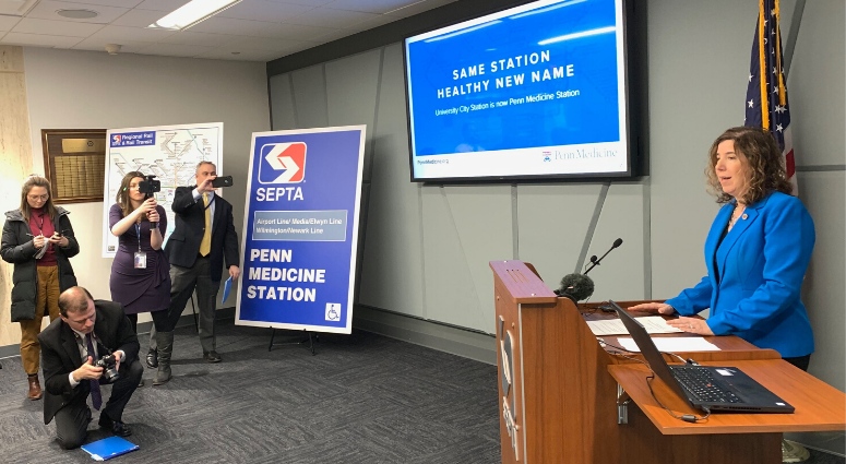 SEPTA General Manager Leslie Richards (right) announces SEPTA is changing University City Station to Penn Medicine Station, Jan. 27, 2020. SEPTA changes station to Penn Medicine