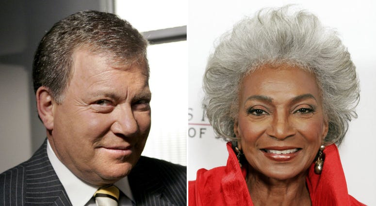 This combination photo shows actor William Shatner on the set of ABC's "Boston Legal" in Manhattan Beach, Calif., on Sept. 13, 2004, left, and actress Nichelle Nichols attending an all-star tribute concert for jazz icon Herbie Hancock in Los Angeles This combination photo shows actor William Shatner on the set of ABC's "Boston Legal" in Manhattan Beach, Calif., on Sept. 13, 2004, left, and actress Nichelle Nichols attending an all-star tribute concert for jazz icon Herbie Hancock in Los Angeles