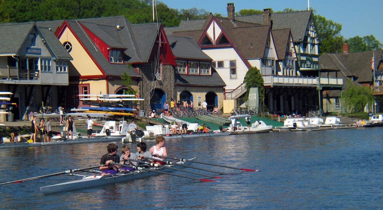 High school rowers set out on the Schuylkill River along the Historic Boathouse Row in Philadelphia. Schuylkill River