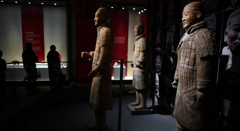 HAIKOU, Feb. 15, 2018 (Xinhua) -- Photo taken on Feb. 15, 2018 shows Terra-Cotta Warriors during an exhibition of "Civilization of Qin (221-207 B.C.) and Han Dynasties (206 B.C.- 220 A.D.)" in Hainan Museum in Haikou, south China's Hainan Province. HAIKOU, Feb. 15, 2018 (Xinhua) -- Photo taken on Feb. 15, 2018 shows Terra-Cotta Warriors during an exhibition of "Civilization of Qin (221-207 B.C.) and Han Dynasties (206 B.C.- 220 A.D.)" in Hainan Museum in Haikou, south China's Hainan Province.