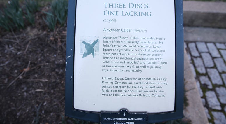 “Three Discs, One Lacking” sculpture on the Benjamin Franklin Parkway between 16th and 17th Streets by Alexander "Sandy" Calder. “Three Discs, One Lacking” sculpture on the Benjamin Franklin Parkway between 16th and 17th Streets by Alexander "Sandy" Calder.