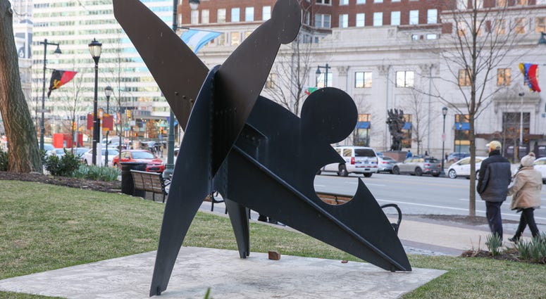 “Three Discs, One Lacking” sculpture on the Benjamin Franklin Parkway between 16th and 17th Streets by Alexander "Sandy" Calder. “Three Discs, One Lacking” sculpture on the Benjamin Franklin Parkway between 16th and 17th Streets by Alexander "Sandy" Calder.