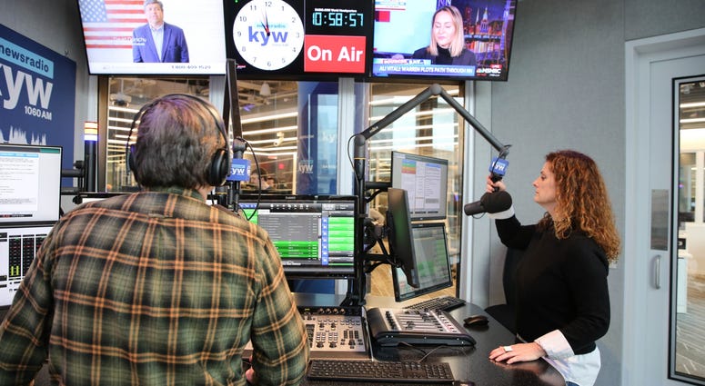 Anchors Brandon Brooks and Carol MacKenzie on the air in one of the new air studios. Anchors Brandon Brooks and Carol MacKenzie on the air in one of the new air studios.
