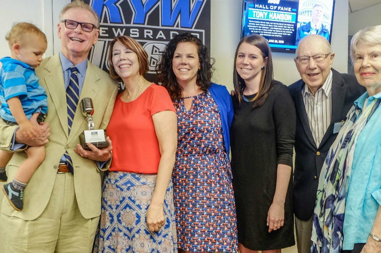 Retired KYW Newsradio reporter Tony Hanson is shown with his family in the KYW Newsradio newsroom. Retired KYW Newsradio reporter Tony Hanson is shown with his family in the KYW Newsradio newsroom.