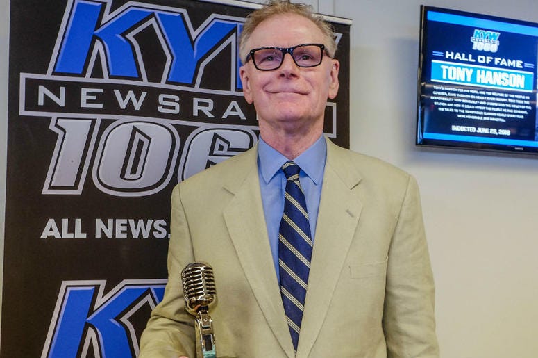 Retired KYW Newsradio reporter Tony Hanson receives his Hall of Fame award. Retired KYW Newsradio reporter Tony Hanson receives his Hall of Fame award.