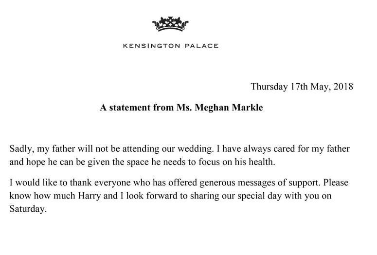 A statement released by Kensington Palace from Meghan Markle A statement released by Kensington Palace from Meghan Markle