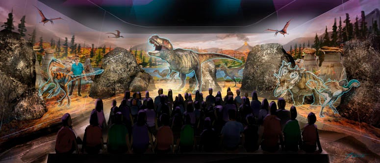 This undated artist rendering provided by BASE Hologram shows a prototype three-dimensional hologram display for a dinosaur exhibit. J This undated artist rendering provided by BASE Hologram shows a prototype three-dimensional hologram display for a dinosaur exhibit. J