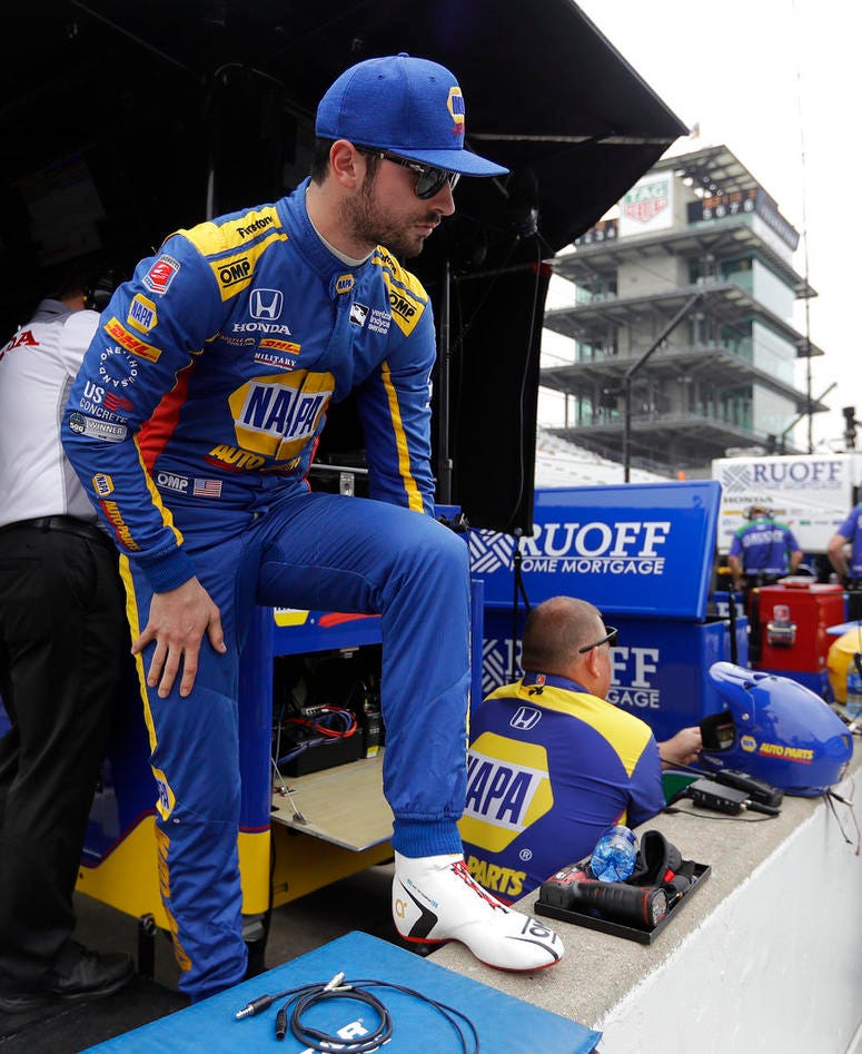 Alexander Rossi waits in the pits before a practice session for the IndyCar Indianapolis 500 auto race at Indianapolis Motor Speedway. Alexander Rossi waits in the pits before a practice session for the IndyCar Indianapolis 500 auto race at Indianapolis Motor Speedway.