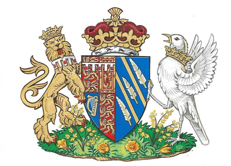 This generated image made available Friday, May 25, 2018 by Kensington Palace shows the newly created coat of arms of Meghan Duchess of Sussex. This generated image made available Friday, May 25, 2018 by Kensington Palace shows the newly created coat of arms of Meghan Duchess of Sussex.