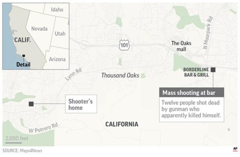 Map locates the site of the mass shooting at Borderline Bar and Grill. Map locates the site of the mass shooting at Borderline Bar and Grill.
