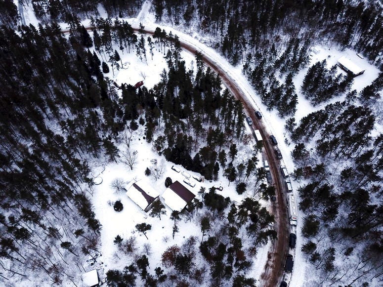This aerial photo shows the cabin where 13-year-old Jayme Closs was held by Jake Thomas Patterson, is surrounded by law enforcement vehicles, Saturday, Jan. 12, 2019 in the town Gordon, Wis. This aerial photo shows the cabin where 13-year-old Jayme Closs was held by Jake Thomas Patterson, is surrounded by law enforcement vehicles, Saturday, Jan. 12, 2019 in the town Gordon, Wis.