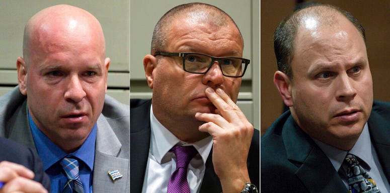 This combination of Nov. 28, 2018 file photos shows former Chicago Police officer Joseph Walsh, left, former detective David March and former officer Thomas Gaffney during a bench trial before Judge Domenica A. Stephenson. This combination of Nov. 28, 2018 file photos shows former Chicago Police officer Joseph Walsh, left, former detective David March and former officer Thomas Gaffney during a bench trial before Judge Domenica A. Stephenson.
