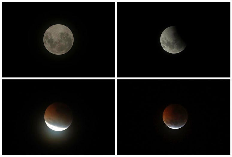 This combination photo shows the moon at the four different moments during a total lunar eclipse in Brasilia, Brazil, Monday, Jan. 21, 2019. The moon at the four different moments during a total lunar eclipse in Brasilia, Brazil.