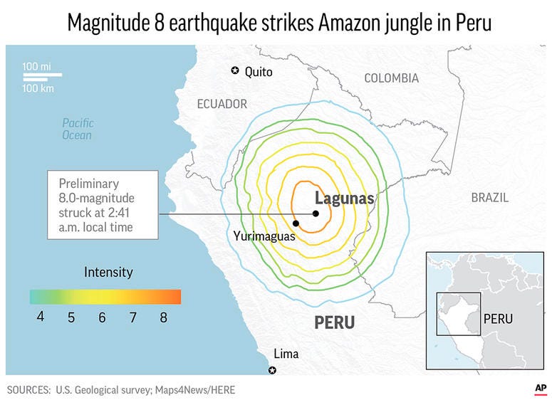 A powerful magnitude 8.0 earthquake has struck the Amazon jungle in north-central Peru, A powerful magnitude 8.0 earthquake has struck the Amazon jungle in north-central Peru,