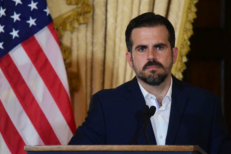 Puerto Rico Gov. Ricardo Rossello holds a press conference, almost two days after federal authorities arrested the island's former secretary of education and five others, in San Juan, Puerto Rico, July 11, 2019. Ricardo Rossello