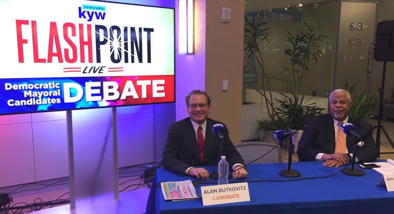 Former Philadelphia City Controller Alan Butkovitz squared off with state Sen. Anthony Hardy Williams at the KYW Newsradio Democratic mayoral debate, May 9, 2019. KYW Newsradio Democratic mayoral debate