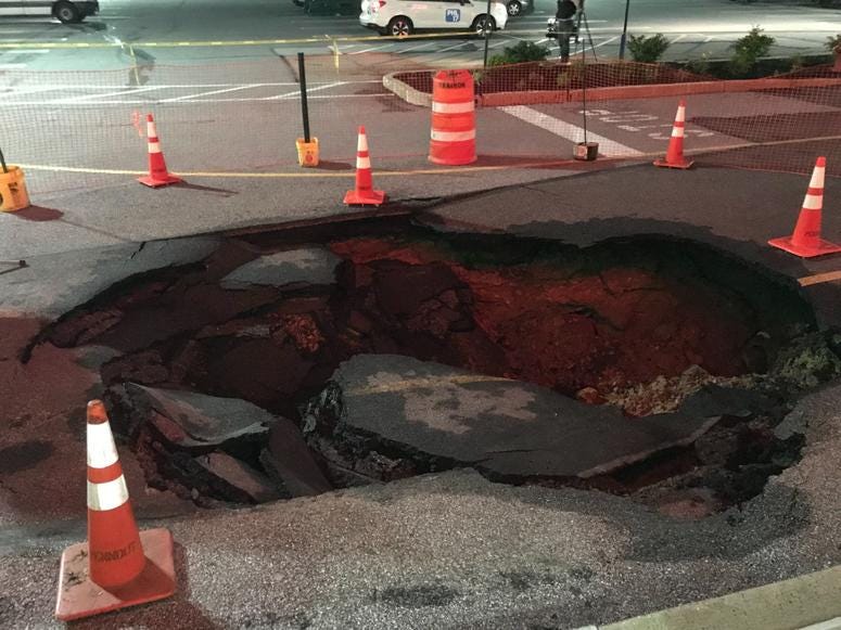 At the Giant supermarket in Broomall, a huge sink hole opened up in front of the store. At the Giant supermarket in Broomall, a huge sink hole opened up in front of the store.