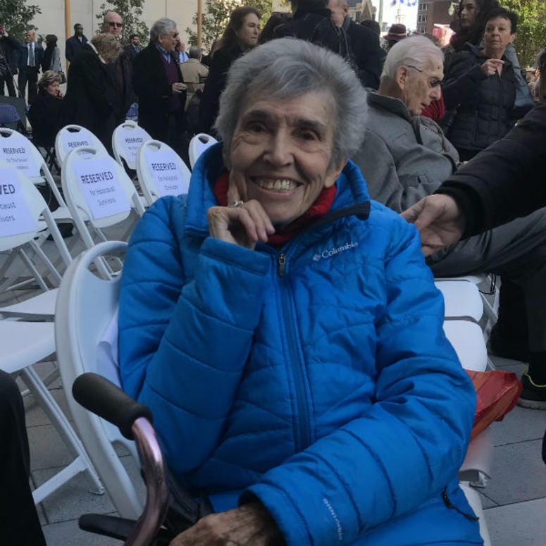 Holocaust survivor Itka Zymuntowicz attends the opening ceremony at Philadelphia's Holocaust Memorial Plaza. Holocaust survivor Itka Zymuntowicz