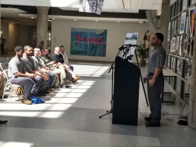 Current apprentices in the School District of Philadelphia maintenance program are wearing grey in the front row. Current apprentices in the School District of Philadelphia maintenance program are wearing grey in the front row.