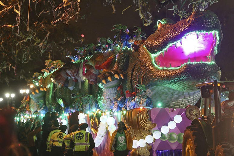 The Bacchagator rolls down Napoleon Avenue as the 1,600 men of Bacchus present their 32-float Mardi Gras parade entitled "Starring Louisiana" on the Uptown route in New Orleans on Sunday, March 3, 2019. The Bacchagator rolls down Napoleon Avenue as the 1,600 men of Bacchus present their 32-float Mardi Gras parade entitled "Starring Louisiana" on the Uptown route in New Orleans on Sunday, March 3, 2019.