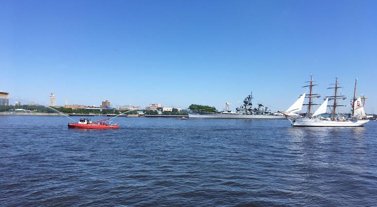 The Philadelphia Fire Boat led the Parade of Sail on May 24, 2018. The Philadelphia Fire Boat led the Parade of Sail