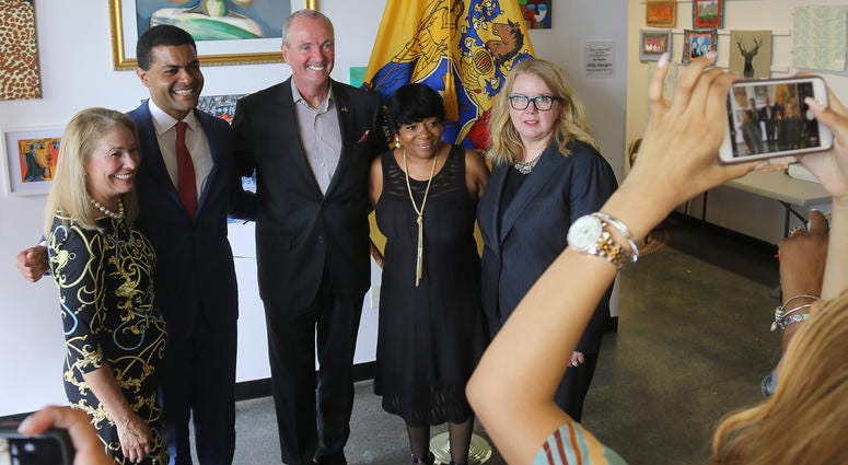 Gov. Phil Murphy (center) nominates Judy Persichelli (left) as incoming state health commissioner, June 25, 2019, alongside current Health Commissioner Shereef Elnahal (second from left), Sheila Addision (second from right), and Carole Johnson (right). New Jersey health commissioner