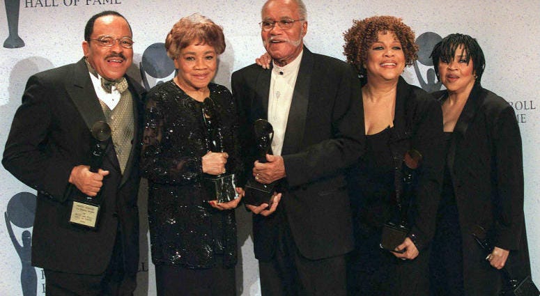 File photo shows the sibling group The Staple Singers, from left, Pervis, Cleotha, Pops, Mavis, and Yvonne at the Rock and Roll Hall of Fame induction ceremony in New York. Yvonne Staples