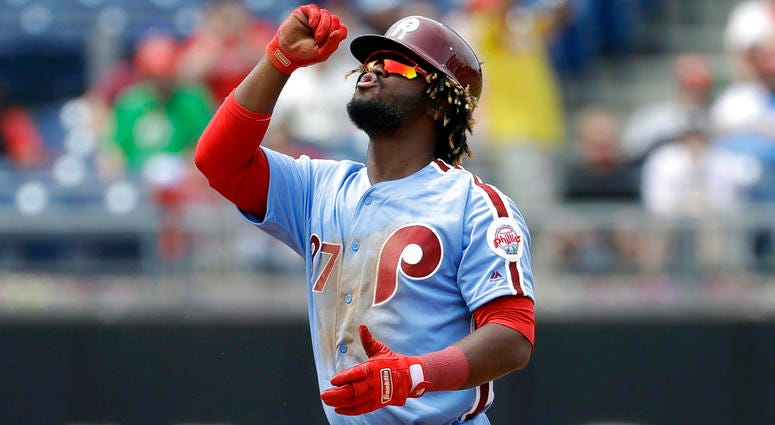 Philadelphia Phillies' Odubel Herrera reacts after hitting a double off San Francisco Giants starting pitcher Ty Blach during the fourth inning. Philadelphia Phillies' Odubel Herrera reacts after hitting a double off San Francisco Giants starting pitcher Ty Blach during the fourth inning.