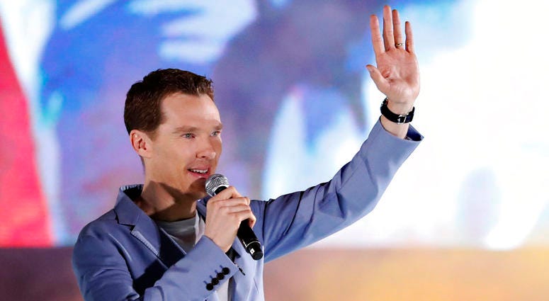 In this Monday, April 16, 2018 file photo, Benedict Cumberbatch waves to fans during Marvel's Avengers: Infinity War red carpet fan event in Singapore. Benedict Cumberbatch