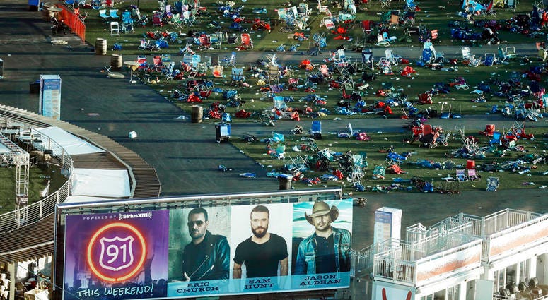 Personal belongings and debris litters the Route 91 Harvest festival grounds across the street from the Mandalay Bay resort and casino in Las Vegas. Personal belongings and debris litters the Route 91 Harvest festival grounds across the street from the Mandalay Bay resort and casino in Las Vegas.