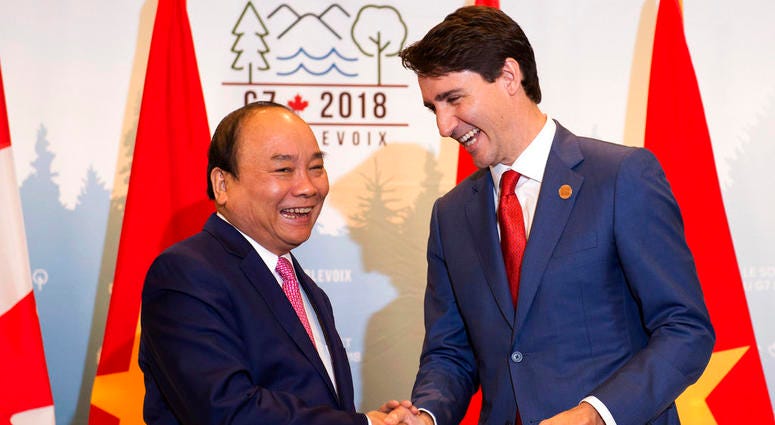 Prime Minister Justin Trudeau, right, meets with the Prime Minister of Vietnam, Nguyen Xuan Phuc, during a bilateral meeting as part of the G7. Prime Minister Justin Trudeau, right, meets with the Prime Minister of Vietnam, Nguyen Xuan Phuc, during a bilateral meeting as part of the G7.