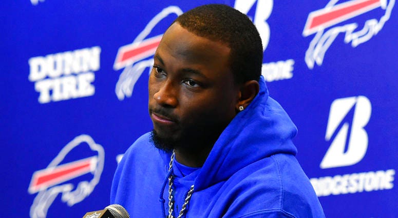 In this Dec. 17, 2017, file photo, Buffalo Bills running back LeSean McCoy (25) speaks with the media following an NFL football game against the Miami Dolphins, in Orchard Park, N.Y. In this Dec. 17, 2017, file photo, Buffalo Bills running back LeSean McCoy (25) speaks with the media following an NFL football game against the Miami Dolphins, in Orchard Park, N.Y.