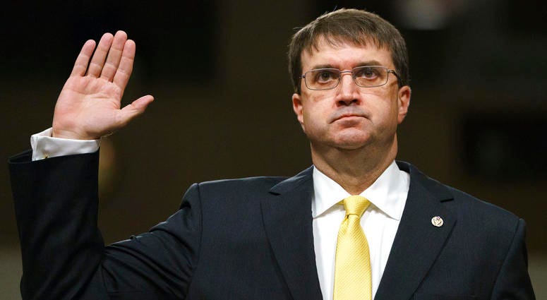 Veterans Affairs Secretary nominee Robert Wilkie is sworn in at the start of a Senate Veterans Affairs Committee nominations hearing on Capitol Hill in Washington. Veterans Affairs Secretary nominee Robert Wilkie is sworn in at the start of a Senate Veterans Affairs Committee nominations hearing on Capitol Hill in Washington.