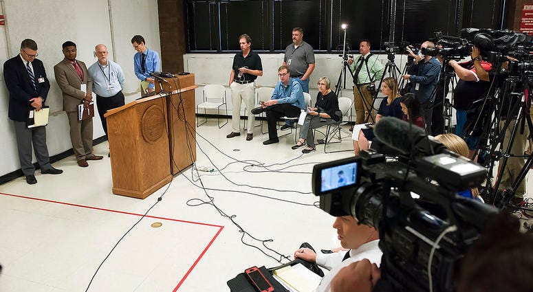 From left, media witnesses Joe Duggan of the Omaha World-Herald, Chip Matthews of News Channel Nebraska, Brent Martin of Nebraska Radio Network and Grant Schulte of The Associated Press answer questions after the execution of Carey Dean Moore. From left, media witnesses Joe Duggan of the Omaha World-Herald, Chip Matthews of News Channel Nebraska, Brent Martin of Nebraska Radio Network and Grant Schulte of The Associated Press answer questions after the execution of Carey Dean Moore.