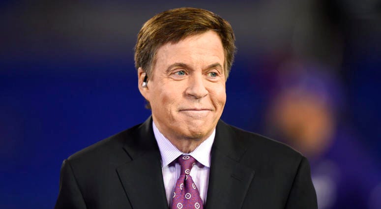 In this Nov. 10, 2016, file photo, NBC sportscaster Bob Costas appears before an NFL football game between the Baltimore Ravens and the Cleveland Browns, in Baltimore. NBC sportscaster Bob Costas
