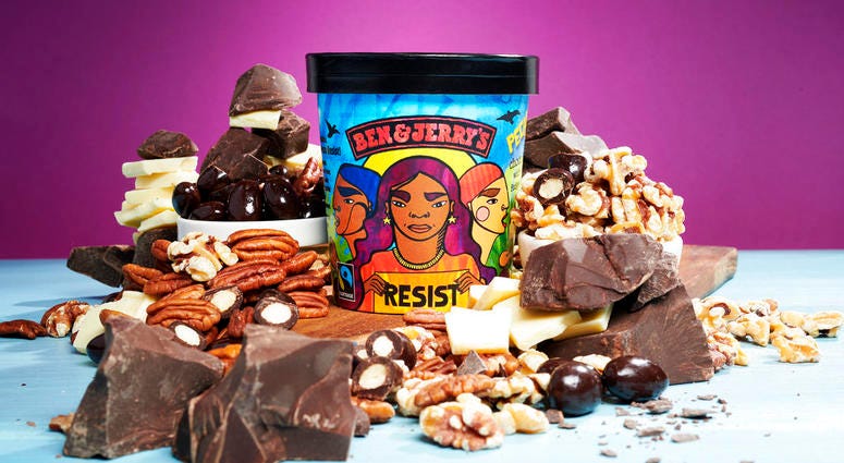 Ben & Jerry’s rebranded ice cream flavor Pecan Resist. Ben & Jerry’s says it’s taking a stand against what it calls the Trump administration’s regressive policies with the ice cream flavor. Ben & Jerry’s rebranded ice cream flavor Pecan Resist.