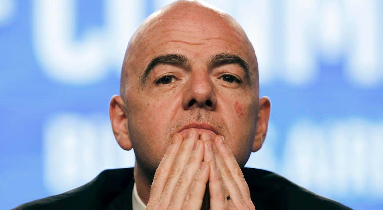 In this April 12, 2018 file photo, FIFA President Gianni Infantino participates in the annual conference of the South American Football Confederation, CONMEBOL, in Buenos Aires, Argentina. FIFA President Gianni Infantino