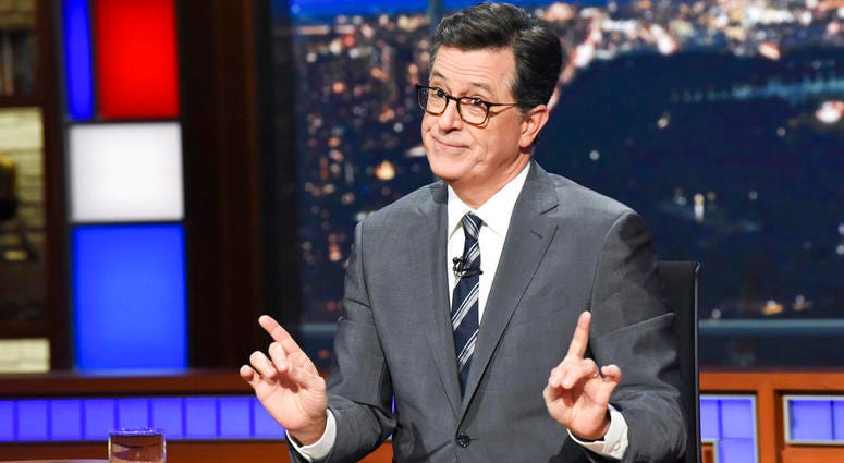 This Nov. 6, 2018 photo released by CBS shows host Stephen Colbert on the set of "The Late Show with Stephen Colbert" in New York. Stephen Colbert