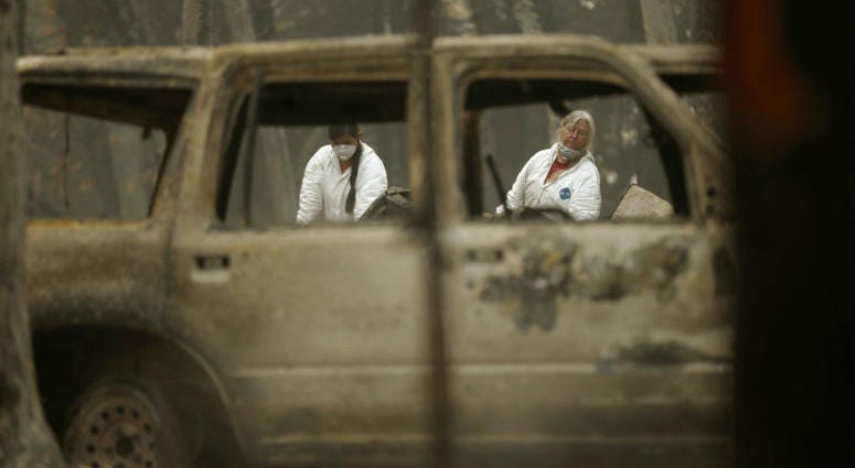 File - In this Nov. 15, 2018 file photo, investigators recover human remains at a home burned in the Camp Fire in Magalia, Calif. Authorities have deployed a powerful tool to aid in their race to identify the remains of 77 bodies burned in the wildfire.
