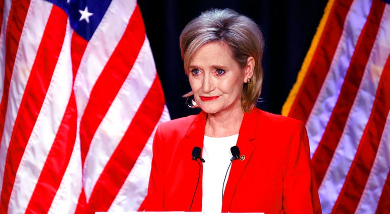 Appointed U.S. Sen. Cindy Hyde-Smith, R-Miss., answers a question during a televised Mississippi U.S. Senate debate with Democrat Mike Espy in Jackson, Miss., Tuesday, Nov. 20, 2018. Senator Cindy Hyde-Smith